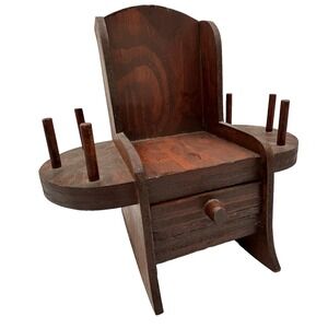 Vintage Wooden Rocker Thread Scissors Holder with Drawer 8.5" Tall 8.75" Wide